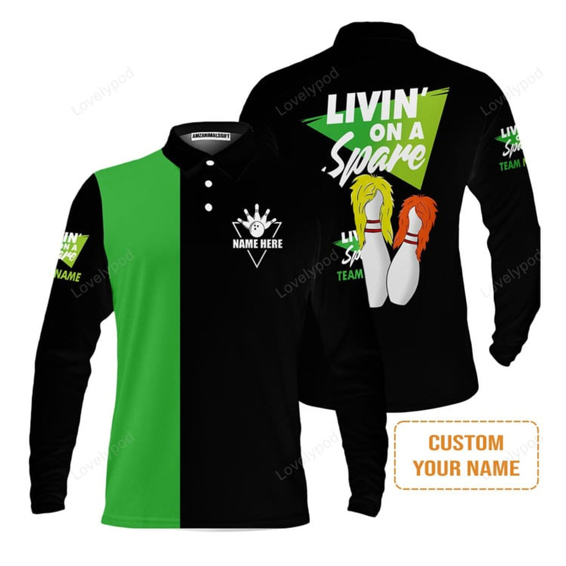 FUNSTUFFPRINT Bowling Men'S Long Sleeve Polo Shirt Custom Name - Bowling Livin' On A Spare Personalized Bowling Long Sleeve Polo Shirt