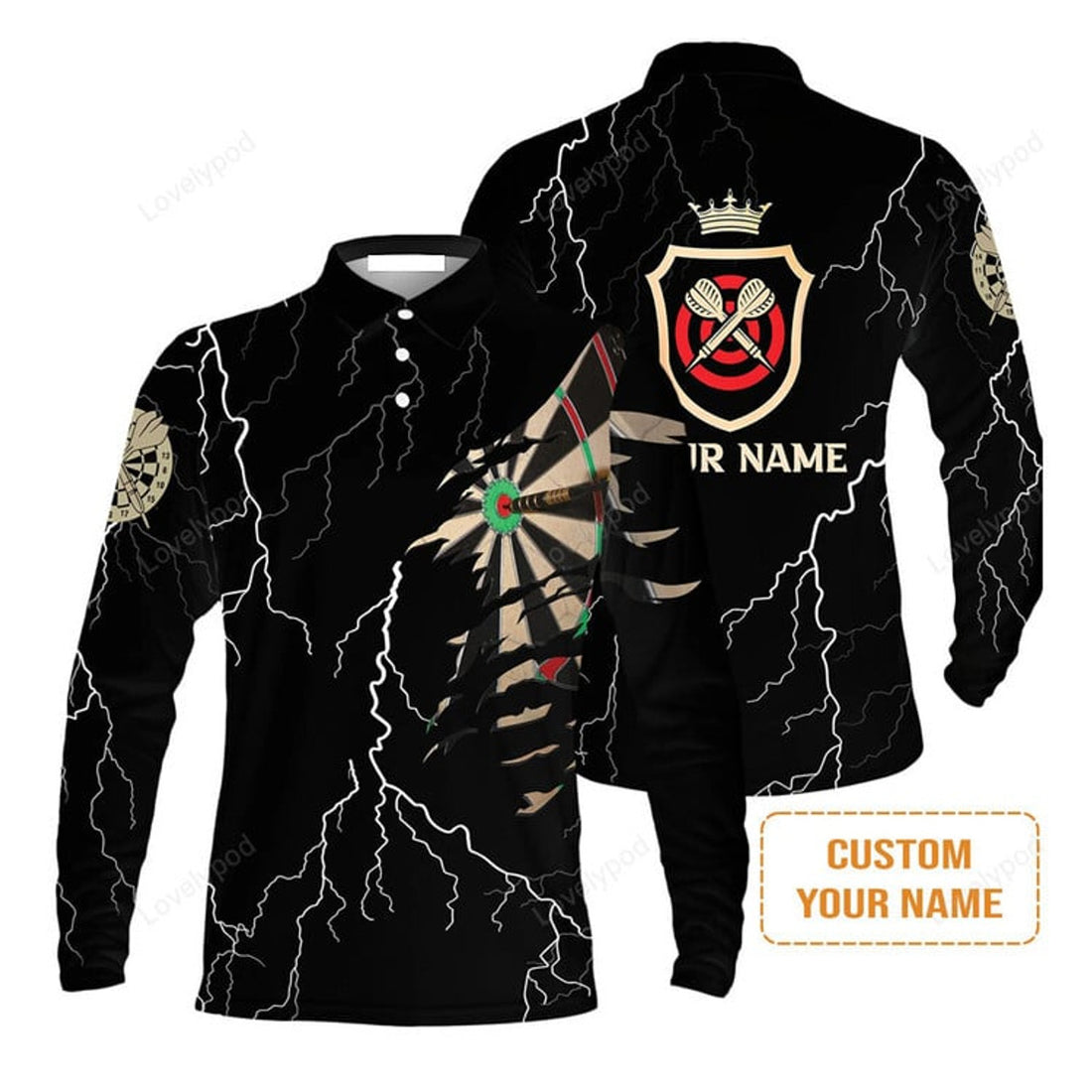 FUNSTUFFPRINT Darts Custom Name Men'S Long Sleeve Polo Shirt, Darts Target Personalized Long Sleeve Polo Shirt