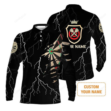 FUNSTUFFPRINT Darts Custom Name Men'S Long Sleeve Polo Shirt, Darts Target Personalized Long Sleeve Polo Shirt