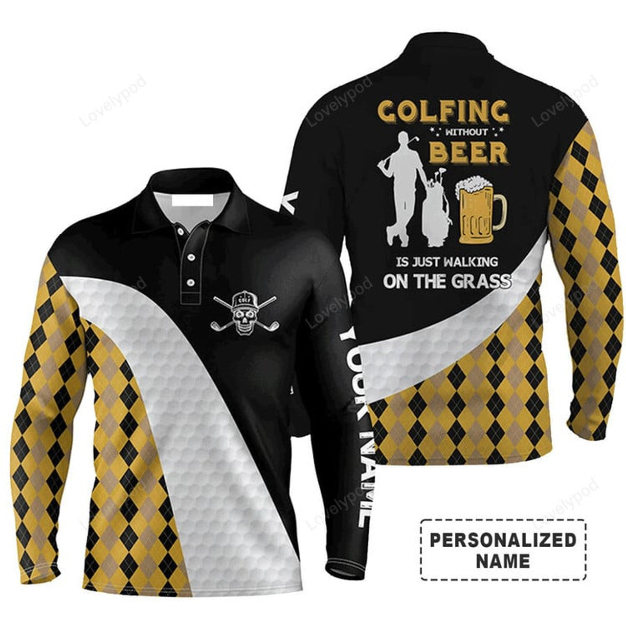 FUNSTUFFPRINT Custom Golf Long Sleeve Men Polo Shirt - Golfing Without Beer Is Just Walking On The Grass Men Golf Polo Shirt