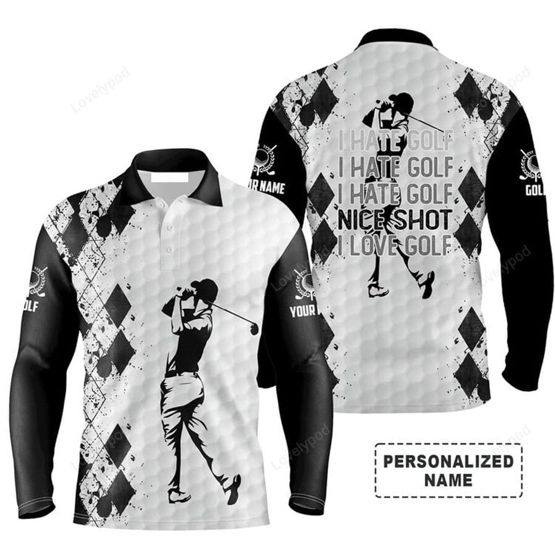 FUNSTUFFPRINT Custom Golf Long Sleeve Men Polo Shirt - Funny Custom Name I Hate Golf Nice Shot Men Golf Polo Shirt