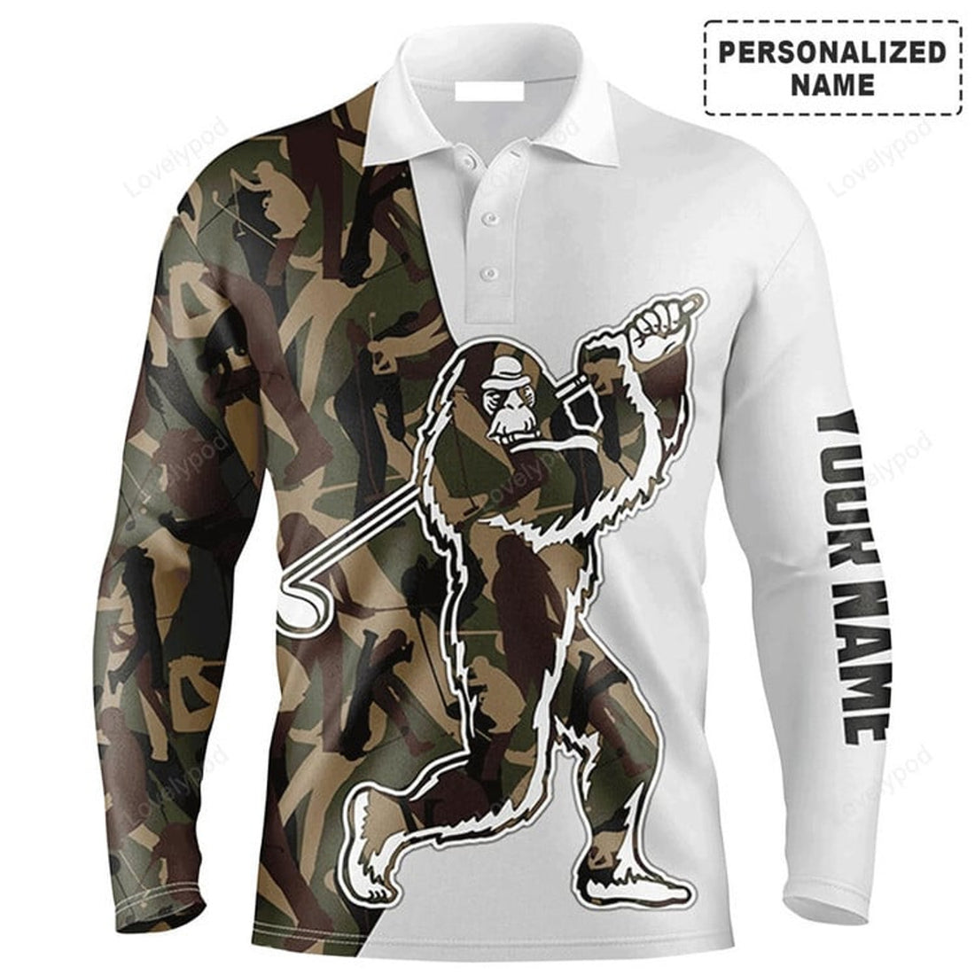 FUNSTUFFPRINT Custom Golf Long Sleeve Men Polo Shirt, Funny Bigfoot Golf Polo Shirts, Camo Pattern Sasquatch Playing Golf Men Polo Shirt