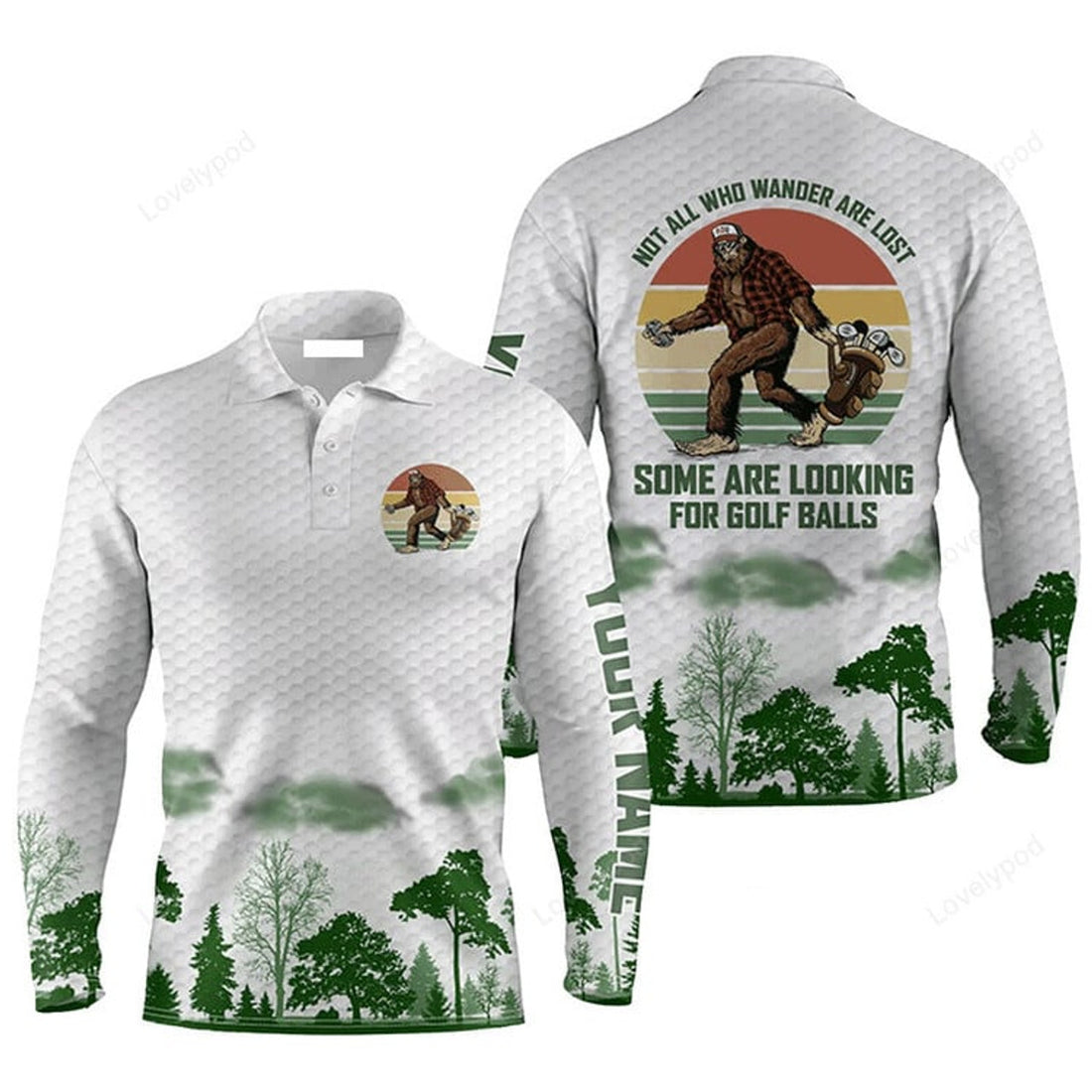 FUNSTUFFPRINT Custom Golf Long Sleeve Men Polo Shirt, Bigfoot Golf Personalized Name Men Polo Shirt For Men