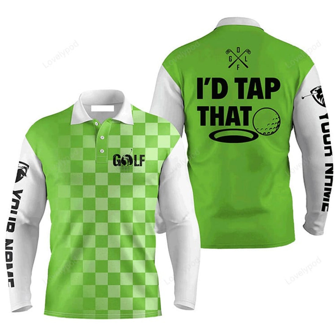 FUNSTUFFPRINT Custom Golf Long Sleeve Men Polo Shirt - Custom Name Gingham Pattern Apparel, I'd Tap That Men Polo Shirt