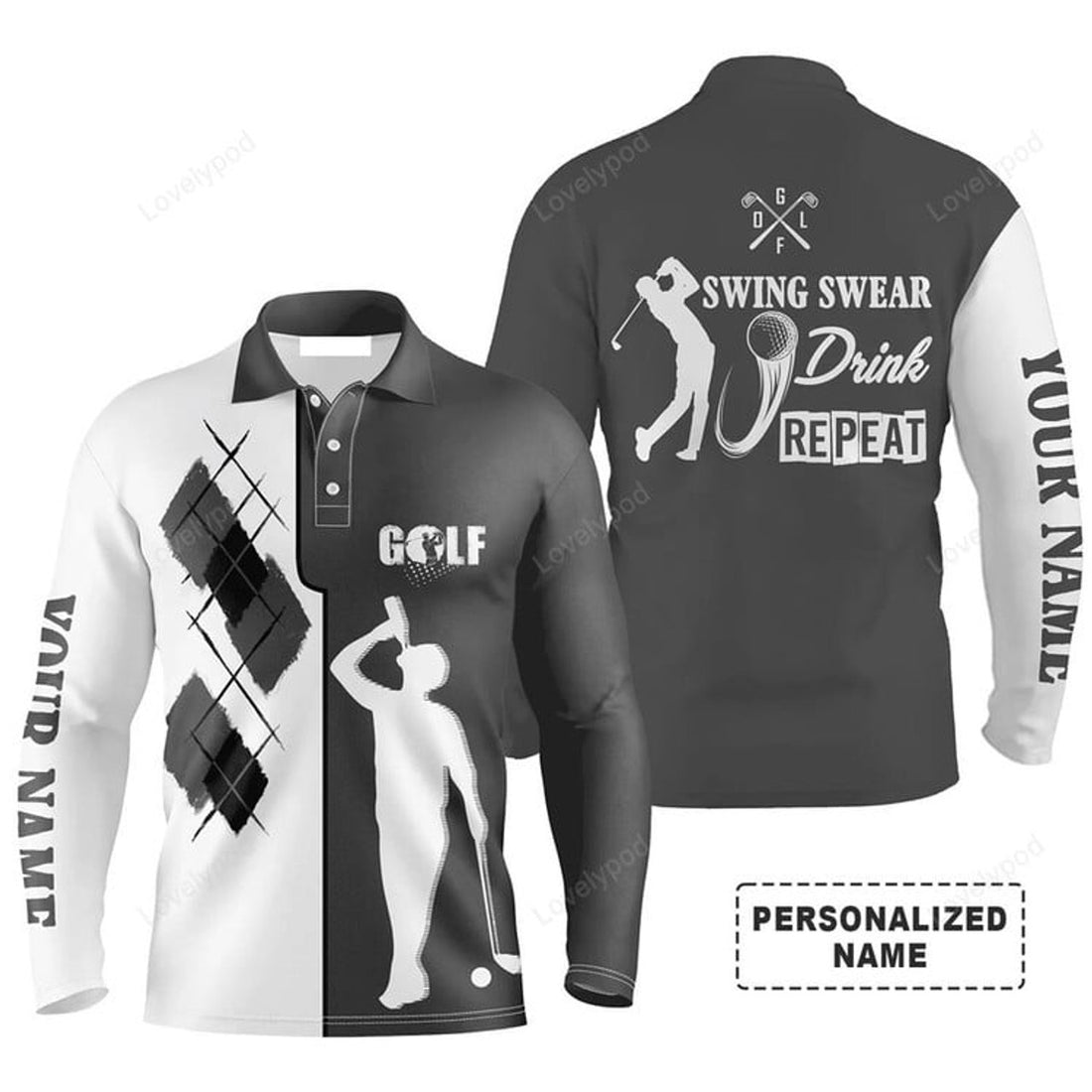 FUNSTUFFPRINT Custom Golf Long Sleeve Men Polo Shirt - Custom Name Black White Apparel, Swing Swear Drink Repeat