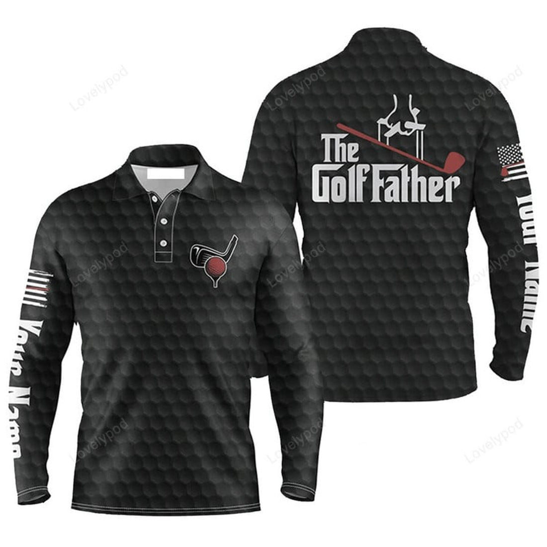 FUNSTUFFPRINT Custom Golf Long Sleeve Men Polo Shirt, Custom Name Black Golf Ball Pattern Apparel, The Golf Father