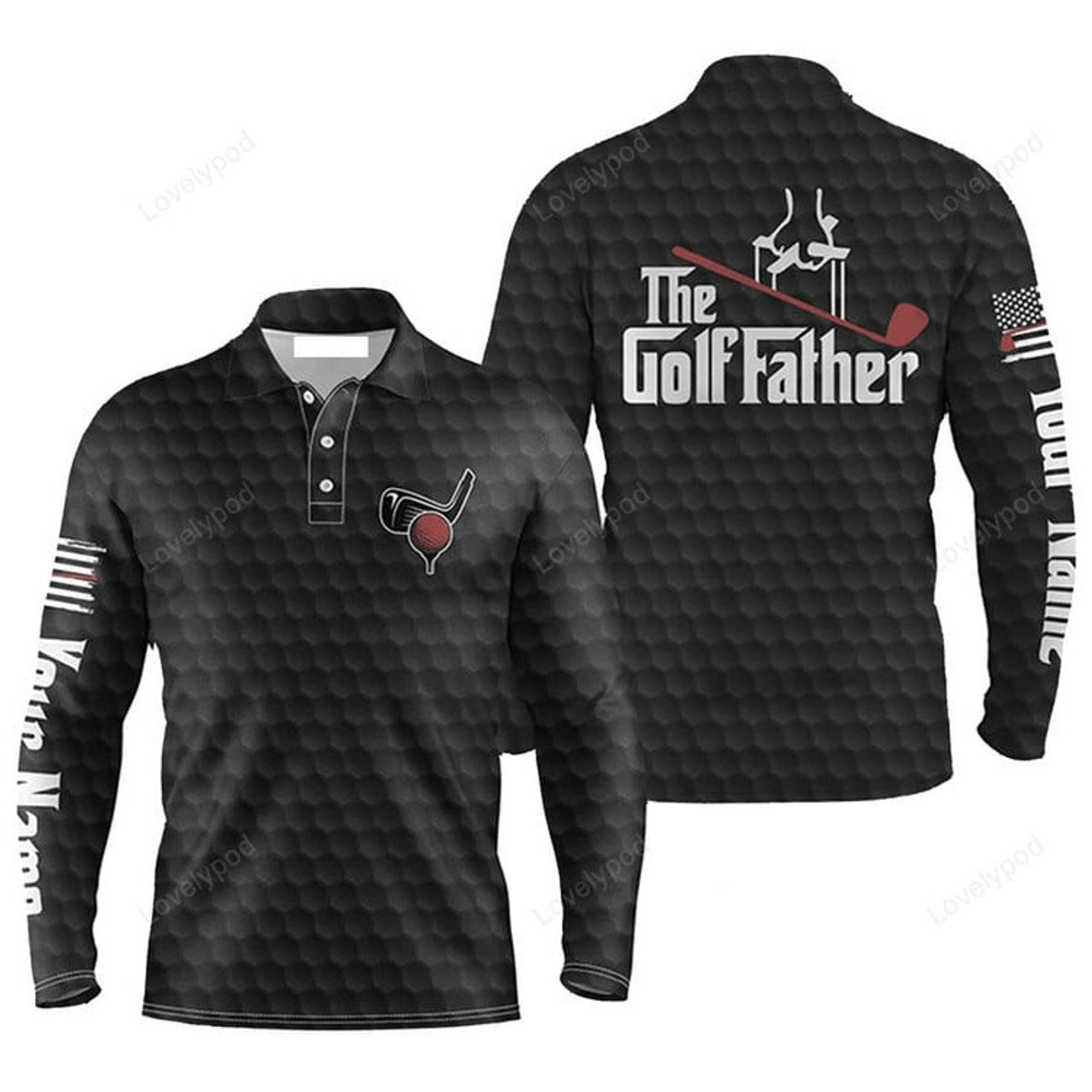 FUNSTUFFPRINT Custom Golf Long Sleeve Men Polo Shirt, Custom Name Black Golf Ball Pattern Apparel, The Golf Father