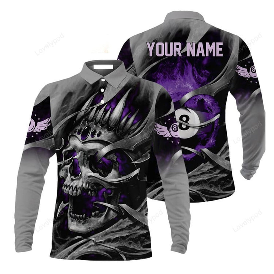 FUNSTUFFPRINT Ball Billiards Custom Name Men'S Long Sleeve Polo Shirt, Personalized Billiards Skull Flaming Purple Long Sleeve Polo Shirt