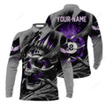 FUNSTUFFPRINT Ball Billiards Custom Name Men'S Long Sleeve Polo Shirt, Personalized Billiards Skull Flaming Purple Long Sleeve Polo Shirt