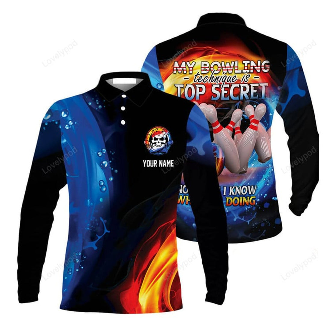 FUNSTUFFPRINT Customized Name Bowling Men'S Long Sleeve Polo Shirt, My Bowling Technique Is Top Secret