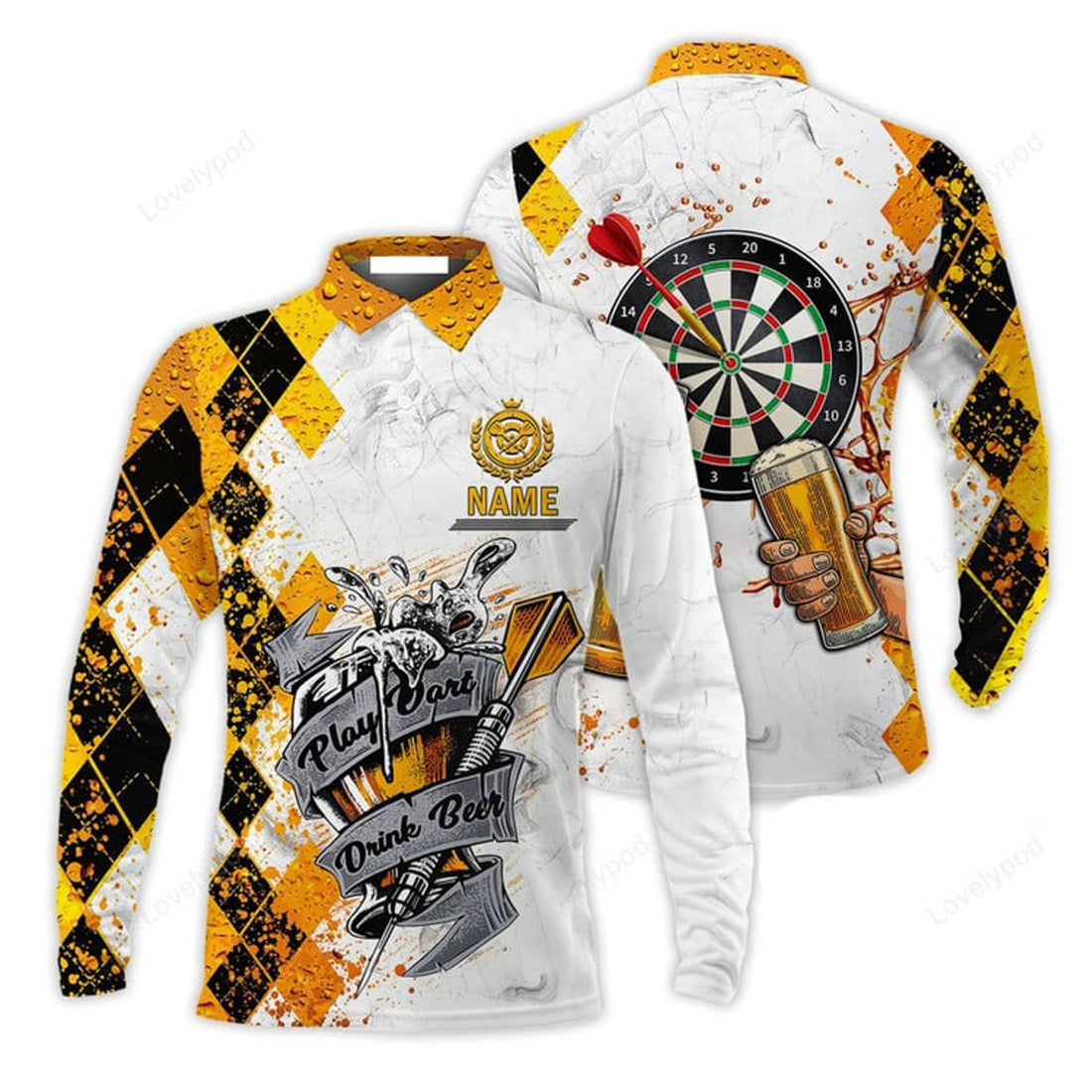 FUNSTUFFPRINT Darts Personalized Men'S Long Sleeve Polo Shirt, Play Dart Drink Beer Argyle Pattern Polo Shirt
