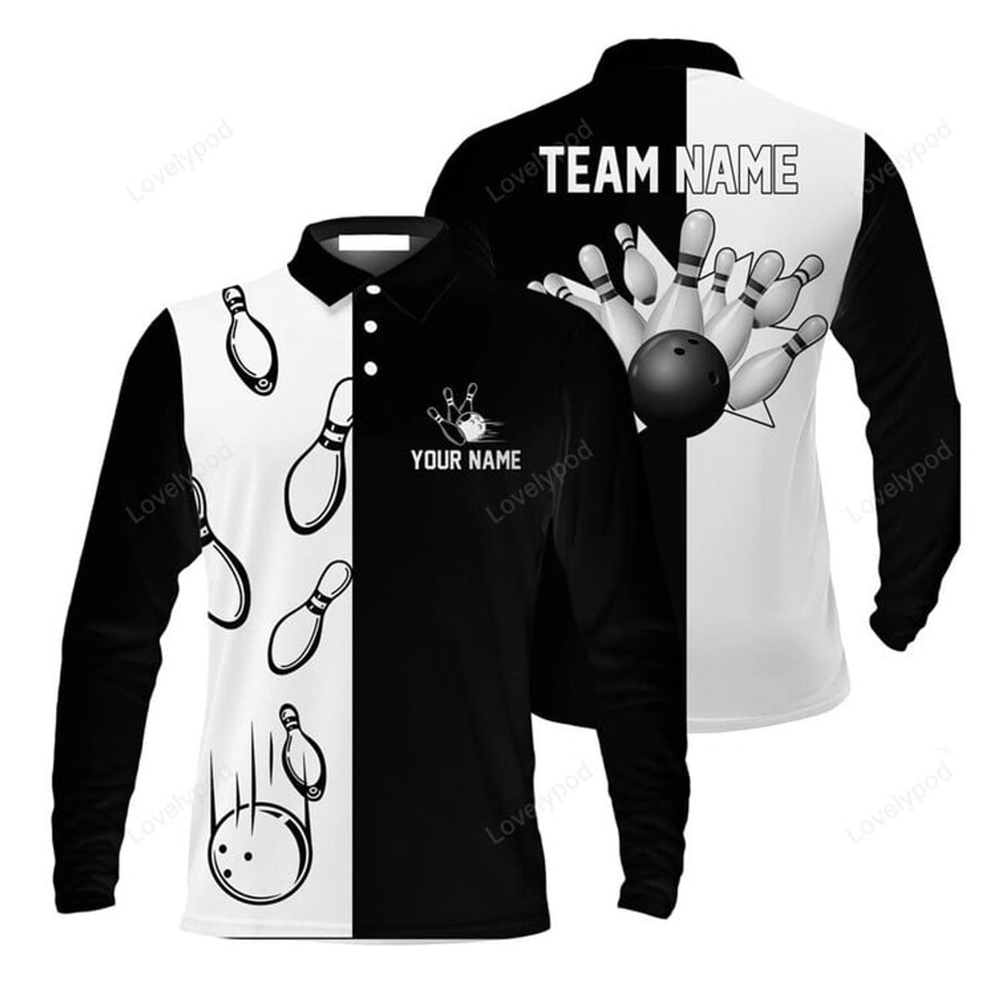 FUNSTUFFPRINT Bowling Custom Men'S Long Sleeve Polo Shirt, Custom Name Black And White Retro Vintage Bowling