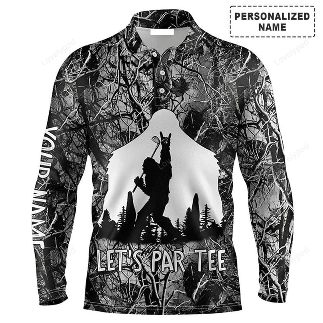 FUNSTUFFPRINT Custom Golf Long Sleeve Men Polo Shirt - Bigfoot Golf Custom Name Men Polo Shirt, Funny Bigfoot Let's Par Tee