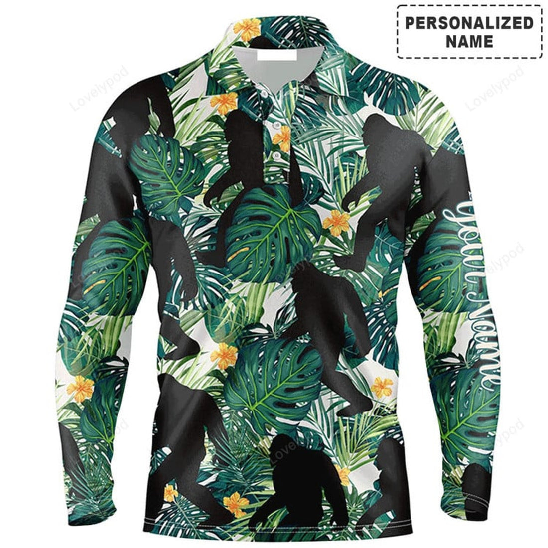 FUNSTUFFPRINT Custom Golf Long Sleeve Men Polo Shirt, Funny Bigfoot Men Polo Shirt, Custom Name Green Tropical Leaves