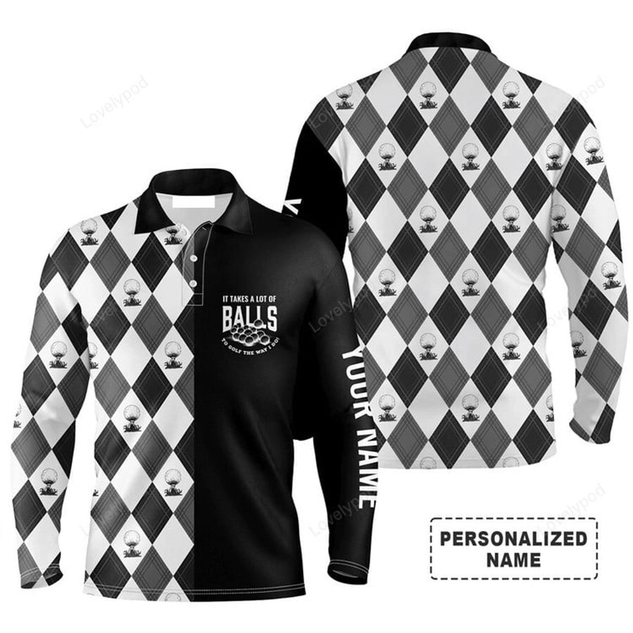 FUNSTUFFPRINT Custom Golf Long Sleeve Men Polo Shirt - It Takes A Lot Of Balls To Golf The Way I Do Men Golf Polo Shirt