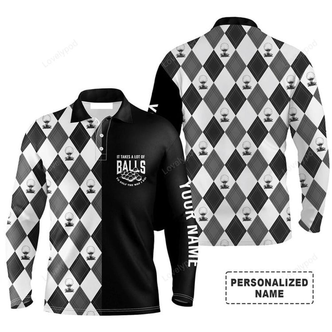FUNSTUFFPRINT Custom Golf Long Sleeve Men Polo Shirt - It Takes A Lot Of Balls To Golf The Way I Do Men Golf Polo Shirt