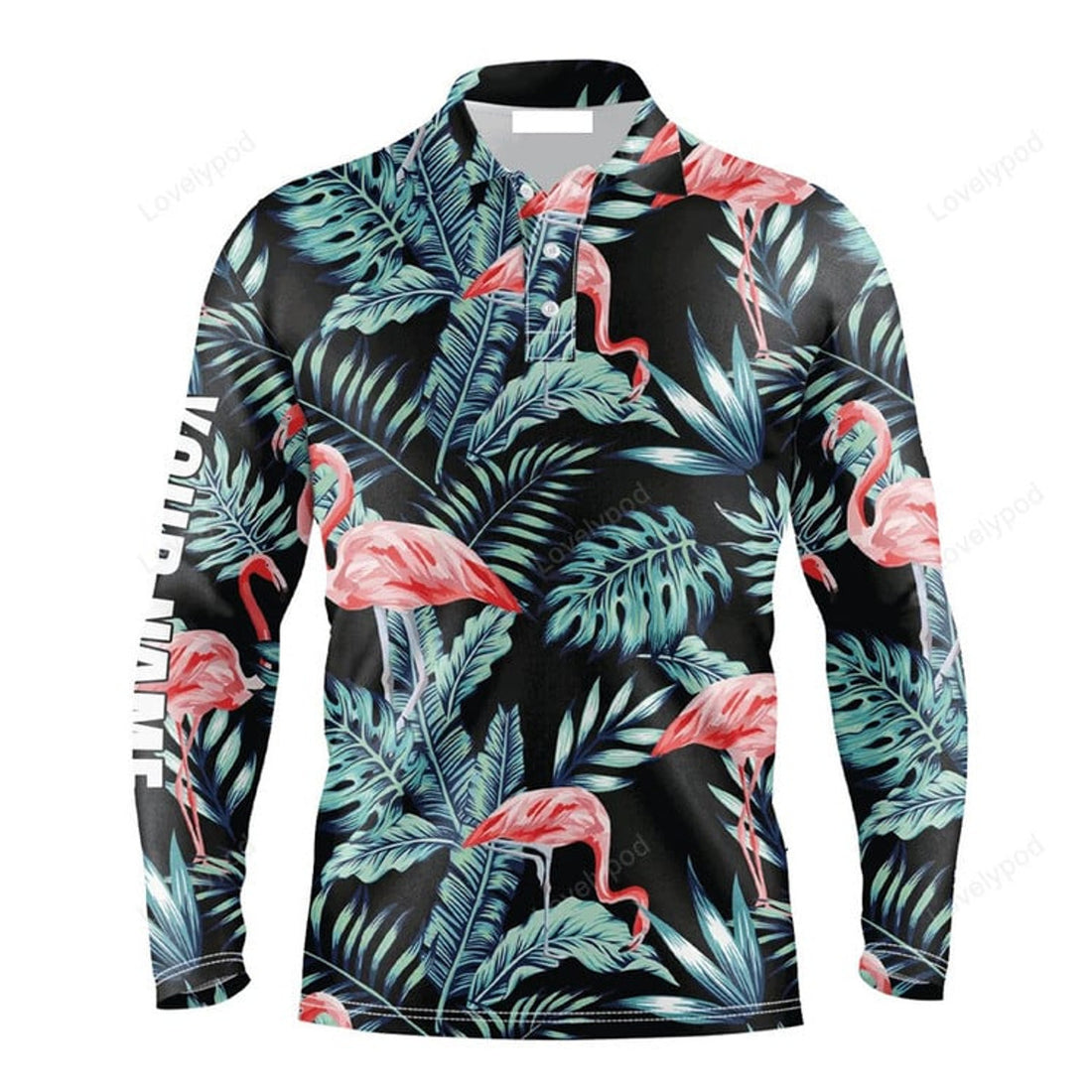 FUNSTUFFPRINT Custom Golf Long Sleeve Men Polo Shirt - Blue Forest Jungle Pattern Pink Flamingo Custom Name Apparel Men Polo Shirt