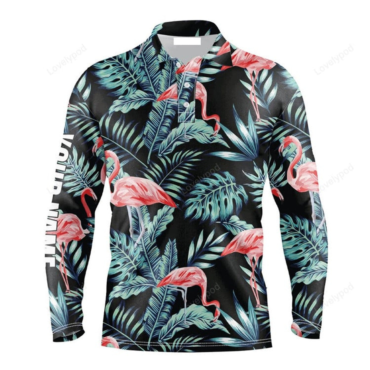 FUNSTUFFPRINT Custom Golf Long Sleeve Men Polo Shirt - Blue Forest Jungle Pattern Pink Flamingo Custom Name Apparel Men Polo Shirt