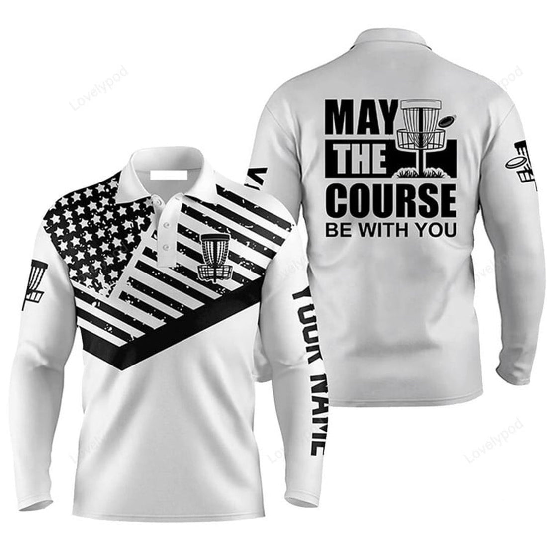 FUNSTUFFPRINT Custom Golf Long Sleeve Men Polo Shirt- Custom Name Black White US Flag Apparel, May The Course Be With You Men Polo Shirt