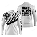 FUNSTUFFPRINT Custom Golf Long Sleeve Men Polo Shirt- Custom Name Black White US Flag Apparel, May The Course Be With You Men Polo Shirt