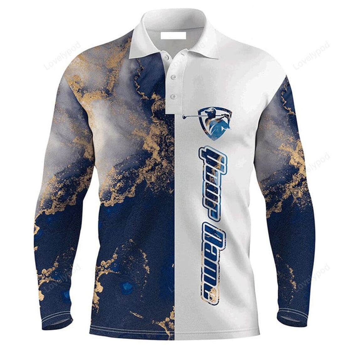 FUNSTUFFPRINT Custom Golf Long Sleeve Men Polo Shirt - Custom Name Blue White Pattern Apparel Men Polo Shirt