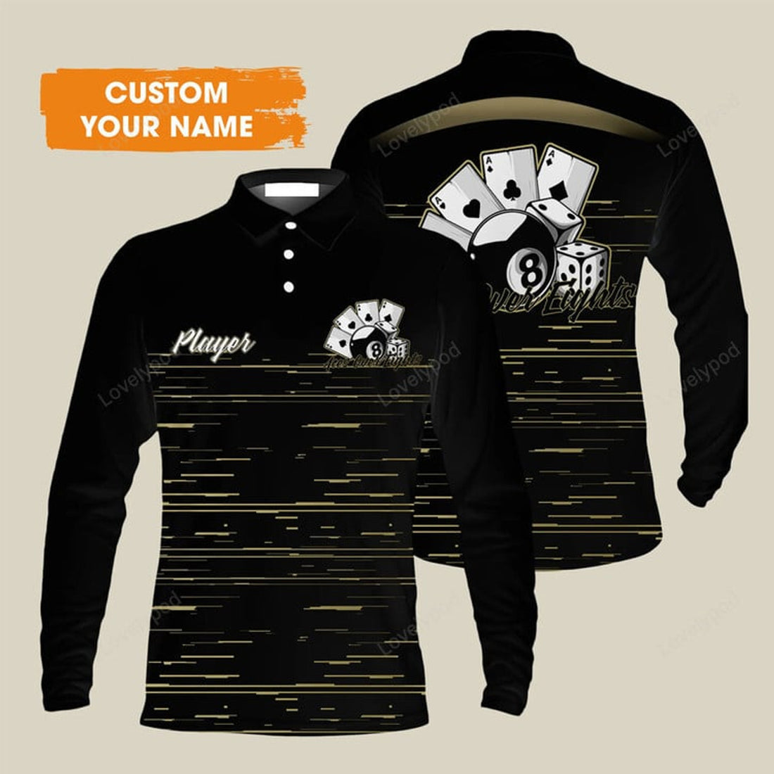 FUNSTUFFPRINT Aces Over Eights 8 Ball Pool Billiards Custom Name Men'S Long Sleeve Polo Shirt