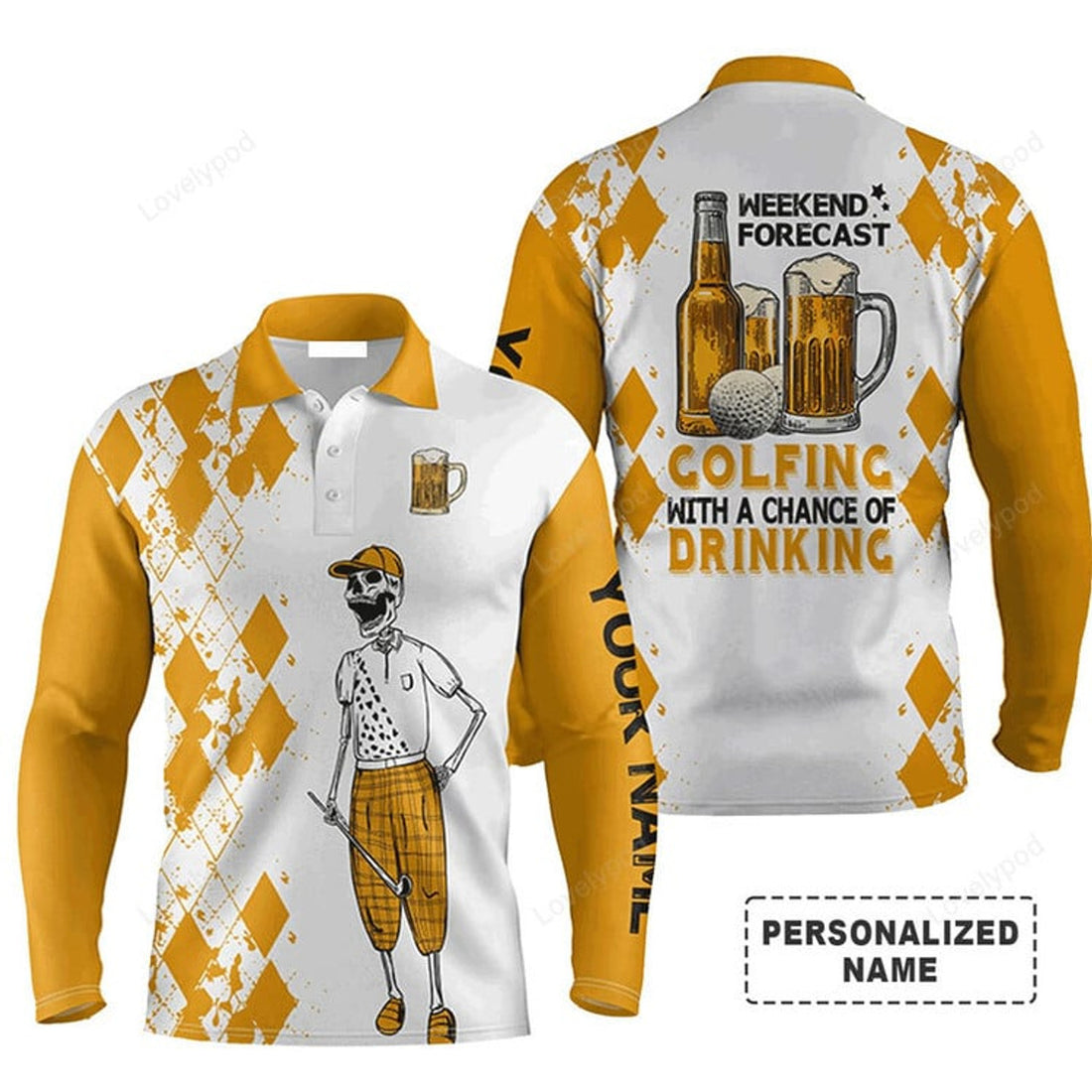 FUNSTUFFPRINT Custom Golf Long Sleeve Men Polo Shirt- Golf Beer, Weekend Forecast Golfing With A Chance Of Drinking Golf Polo Shirt For Men