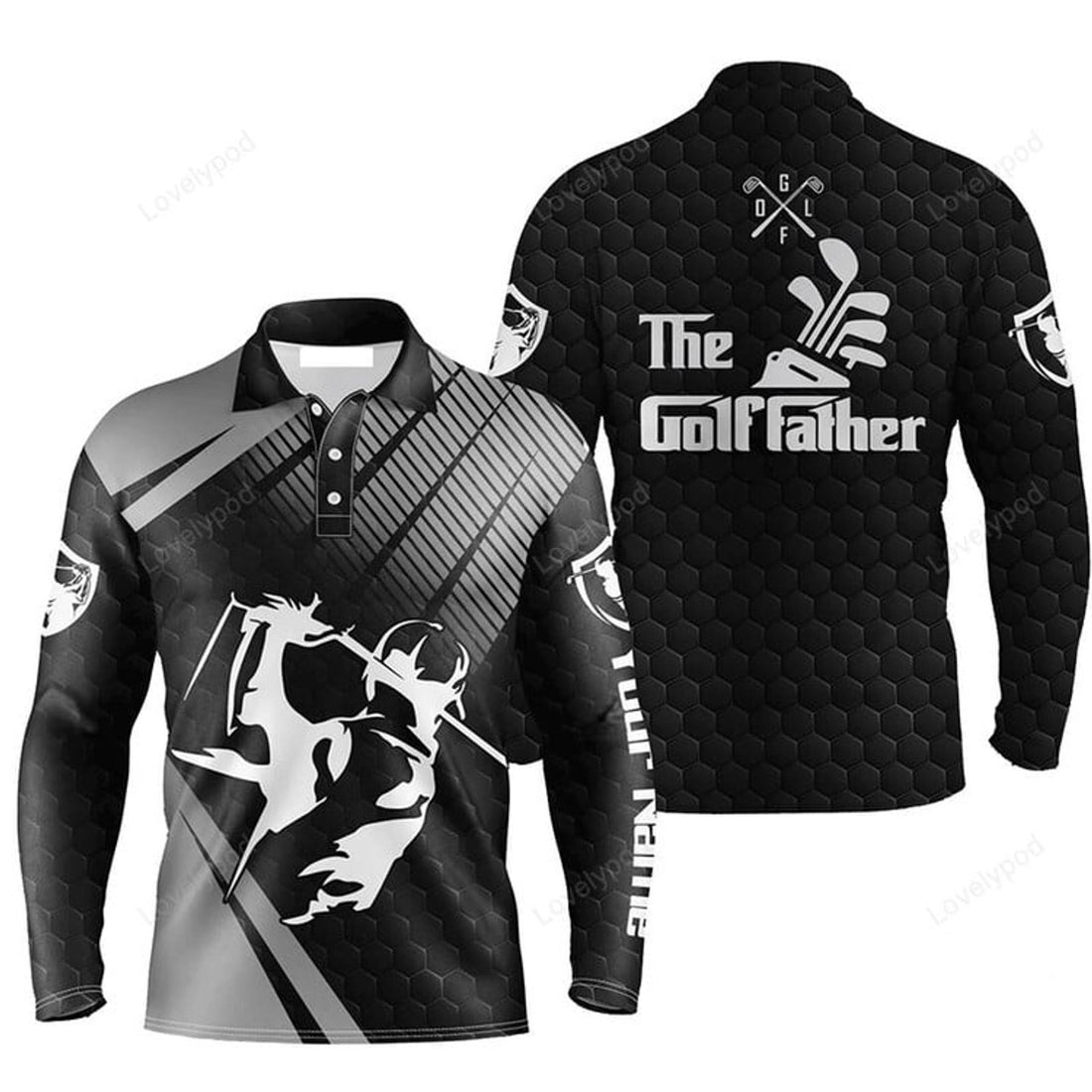 FUNSTUFFPRINT Custom Golf Long Sleeve Men Polo Shirt - Custom Name Black Apparel, The Golf Father Men Polo Shirt
