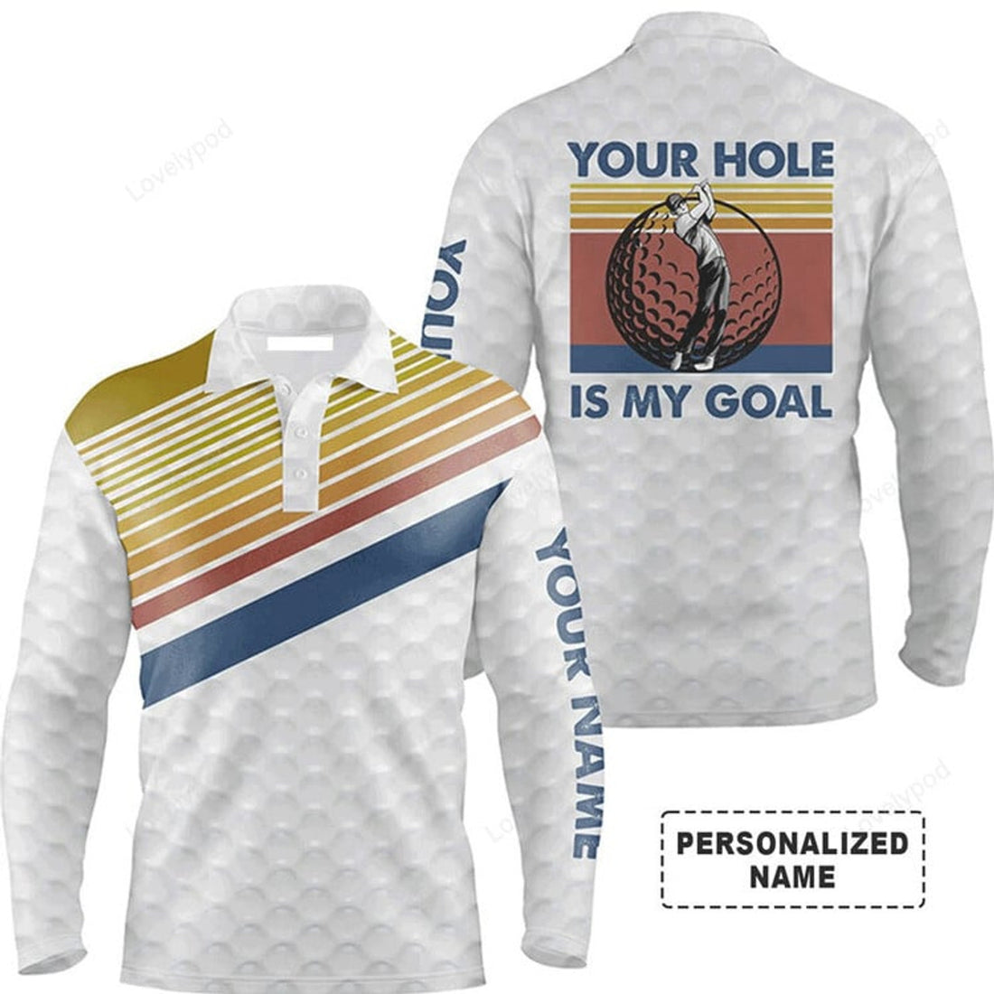 FUNSTUFFPRINT Custom Golf Long Sleeve Men Polo Shirt, Vintage Golf Balls, Your Hole Is My Goal Men Golf Polo Shirt