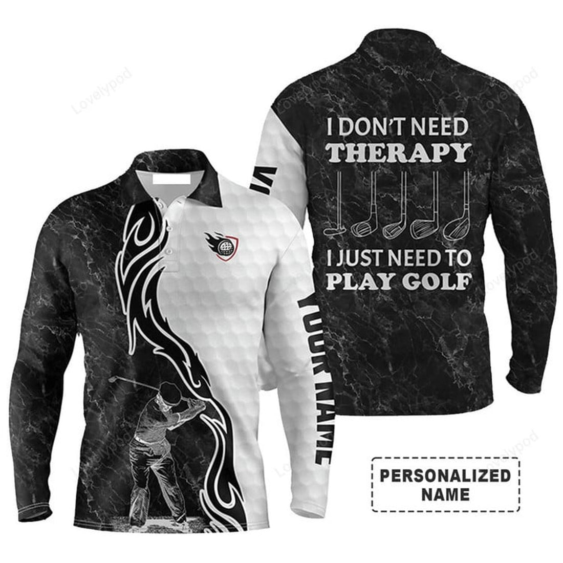 FUNSTUFFPRINT Custom Golf Long Sleeve Men Polo Shirt - I Don't Need Therapy, I Just Need To Play Golf Men Black White Golf Polo Shirt