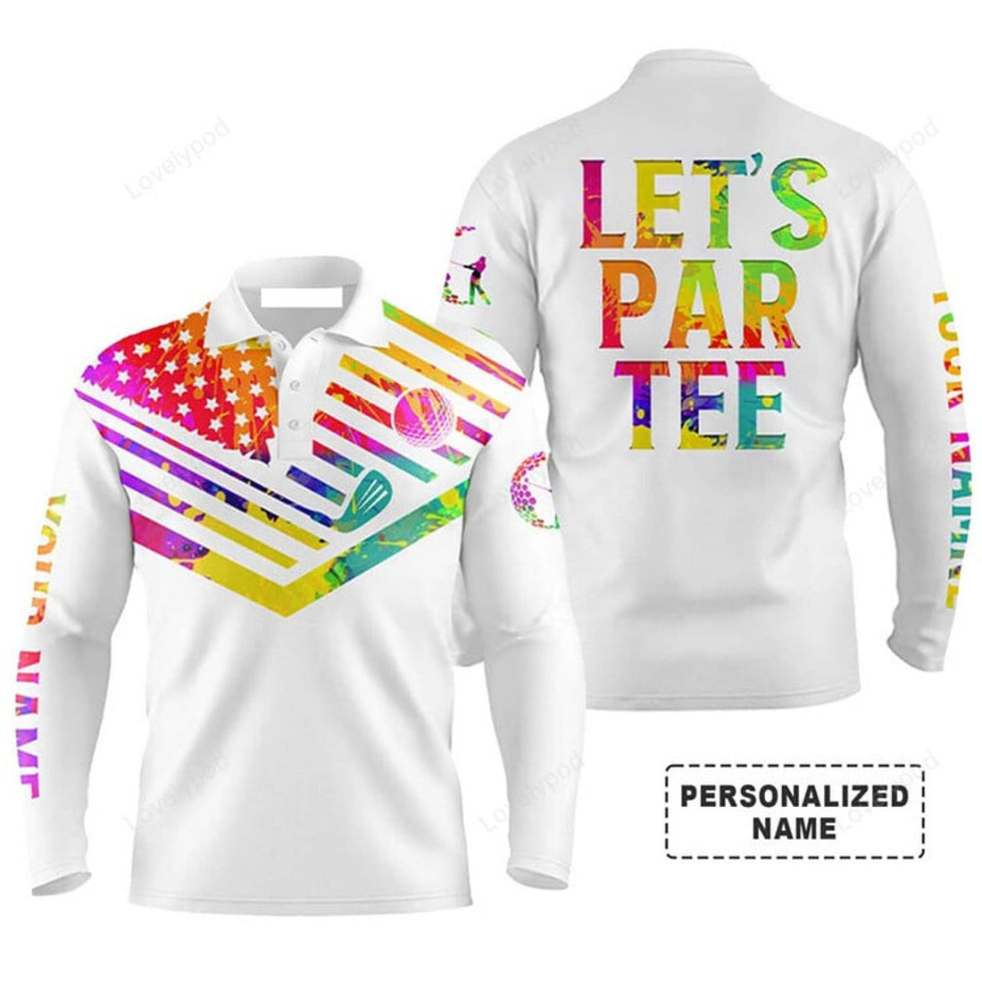 FUNSTUFFPRINT Golf Long Sleeve Men Polo Shirt - Watercolor American Flag Patriot Custom Name White Apparel, Let’s Par Tee