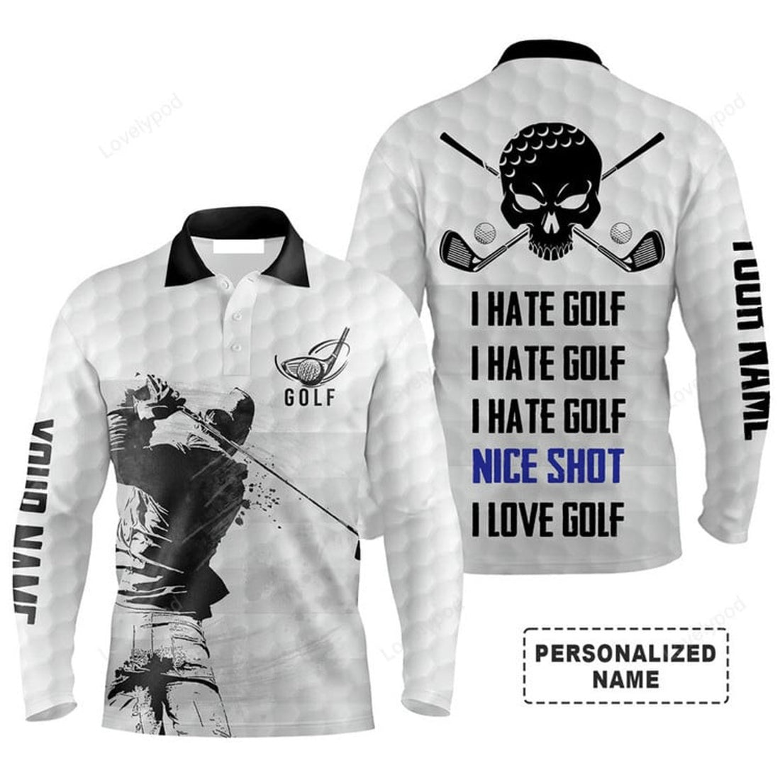 FUNSTUFFPRINT Custom Golf Long Sleeve Men Polo Shirt - Custom Name Skull,I Hate Golf Nice Shot I Love Golf Men Polo Shirt
