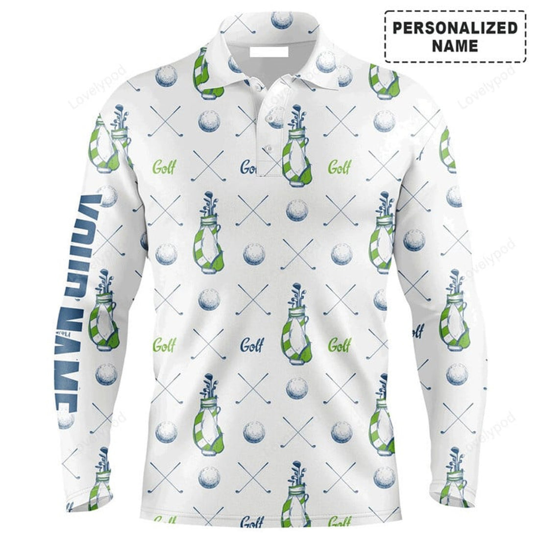 FUNSTUFFPRINT  Custom Golf Long Sleeve Men Polo Shirt, Custom Name Golf bags Pattern Apparel Men Golf Polo Shirt