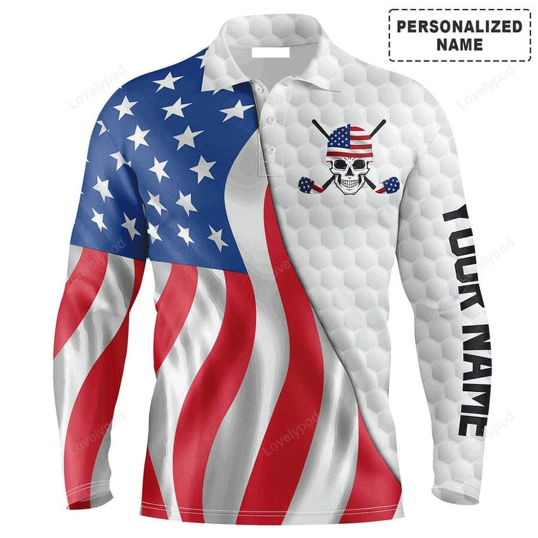 FUNSTUFFPRINT  Custom Golf Long Sleeve Men Polo Shirt - Skull Pattern, Custom Name American Flag Polo Shirt