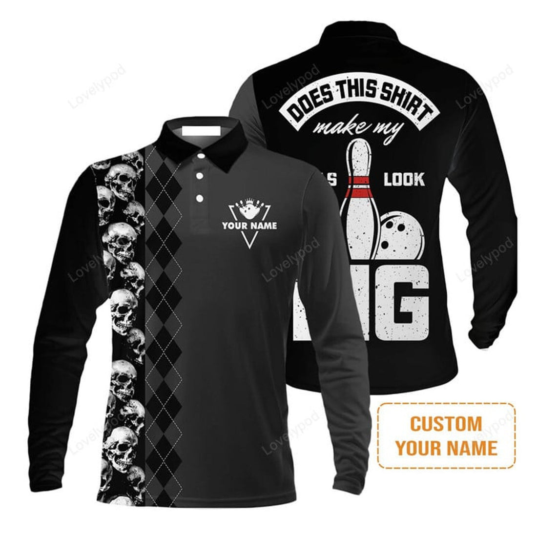 FUNSTUFFPRINT Bowling Custom Men'S Long Sleeve Polo Shirt - Custom Name Bowling Does This Shirt Make My Ball Look Big