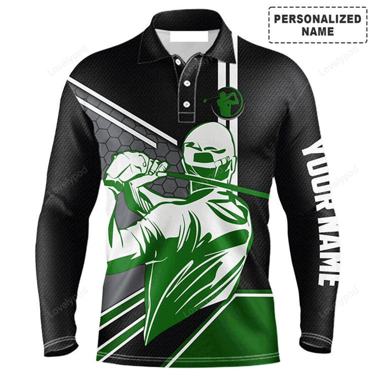FUNSTUFFPRINT Custom Golf Long Sleeve Men Polo Shirt - Custom Name Mens Golfing Black Apparel Men Polo Shirt