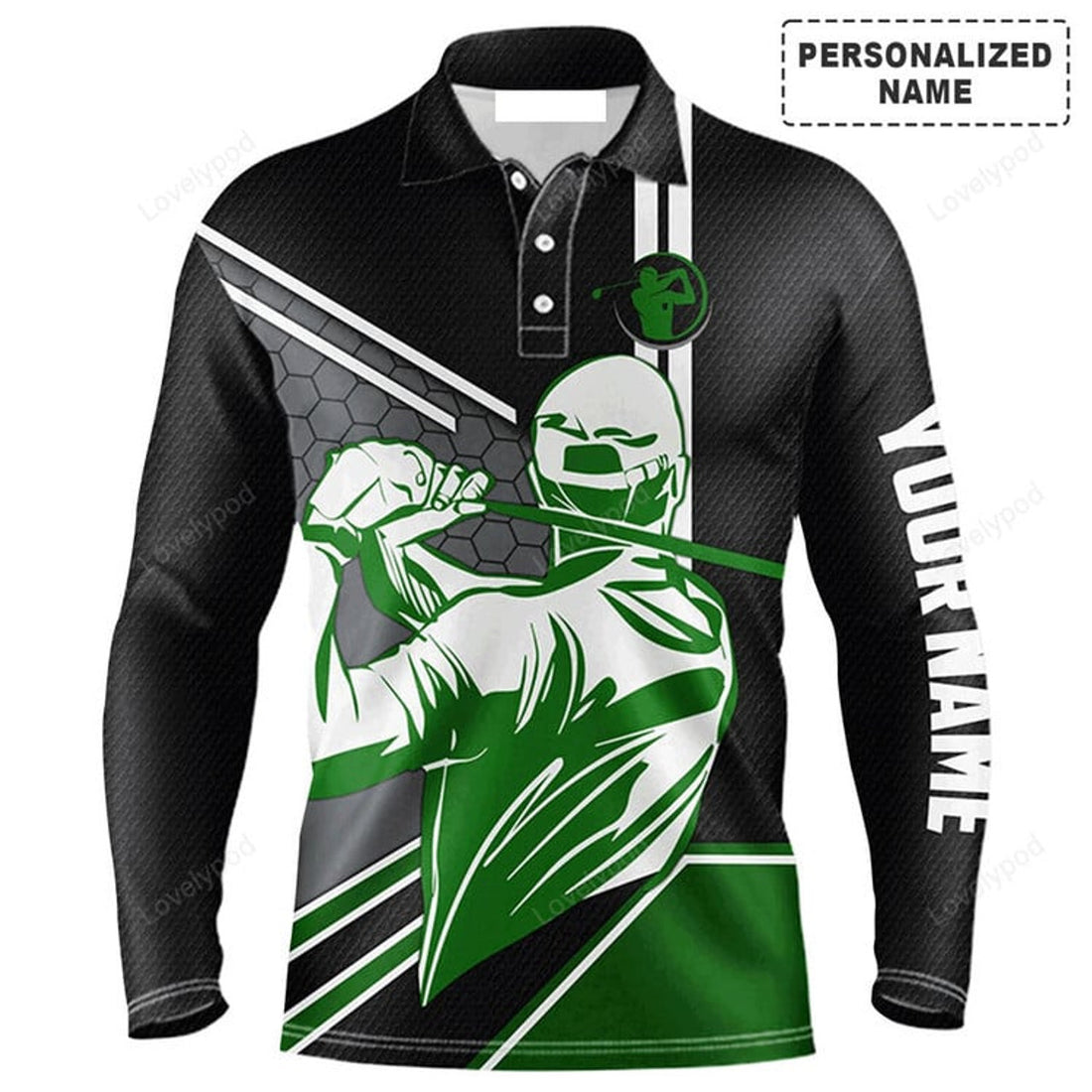 FUNSTUFFPRINT Custom Golf Long Sleeve Men Polo Shirt - Custom Name Mens Golfing Black Apparel Men Polo Shirt