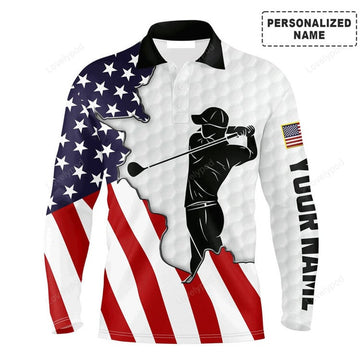 FUNSTUFFPRINT Custom Golf Long Sleeve Men Polo Shirt, American Flag 4th of July Custom Name Golf Men Polo Shirt
