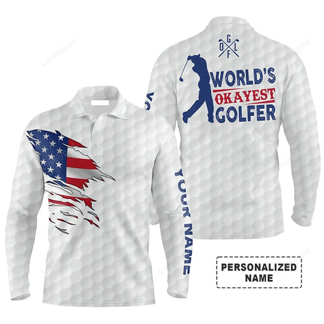 FUNSTUFFPRINT Custom Golf Long Sleeve Men Polo Shirt- Custom Name White American Flag Apparel, World's Okayest