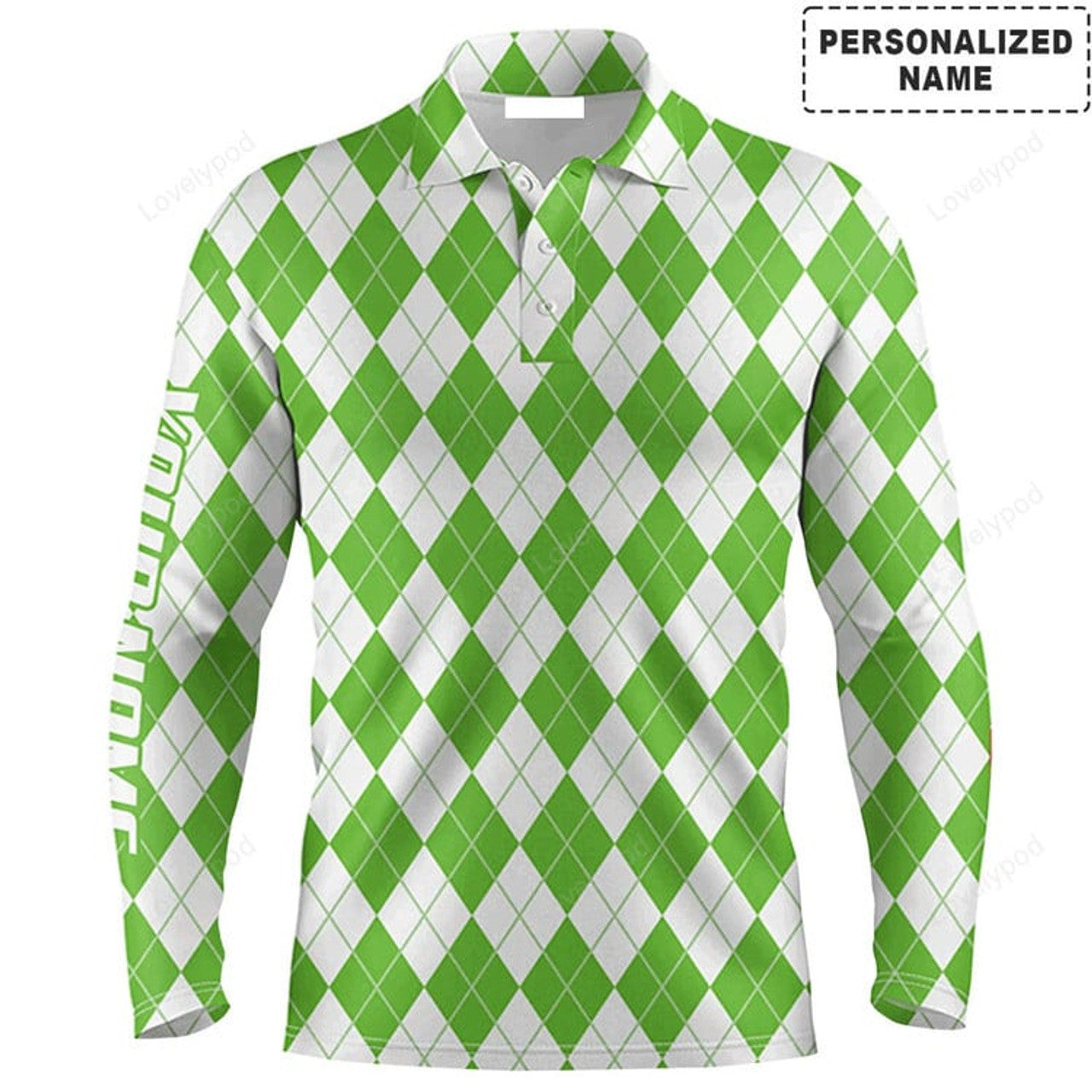FUNSTUFFPRINT Custom Golf Long Sleeve Men Polo Shirt - Christmas Plaid Green And White Argyle Pattern
