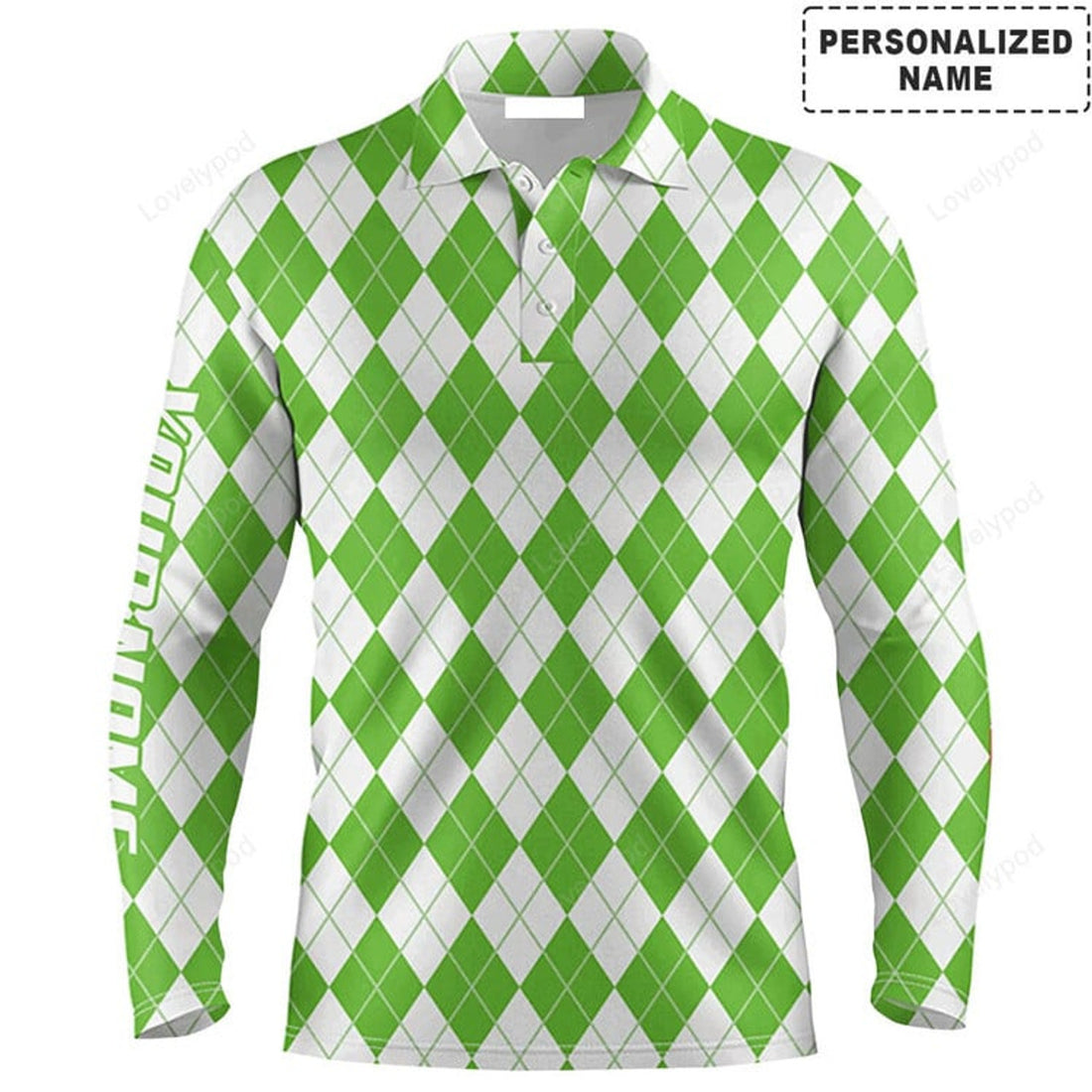 FUNSTUFFPRINT Custom Golf Long Sleeve Men Polo Shirt - Christmas Plaid Green And White Argyle Pattern