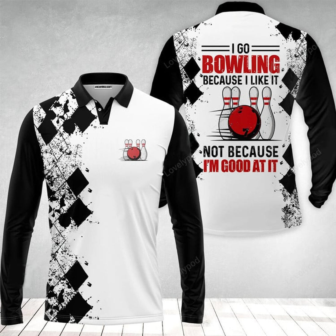 FUNSTUFFPRINT Long Sleeve Men Polo Shirt I Go Bowling Because I Like It Men Polo Shirt Black Argyle Pattern Shirt