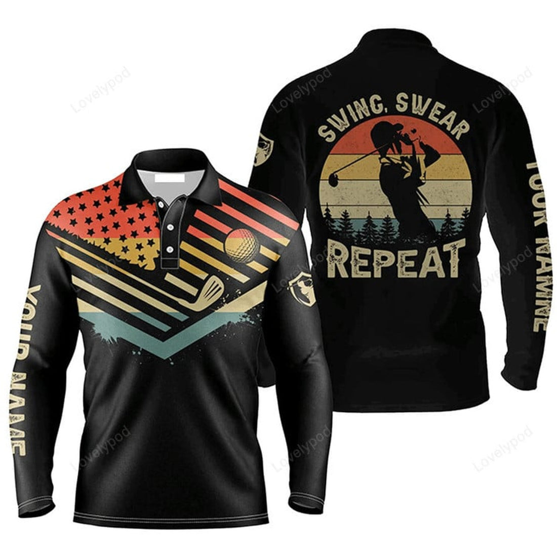 FUNSTUFFPRINT Swing Swear Repeat Custom Golf Long Sleeve Men Polo Shirt Custom Name Vintage American Flag Apparel