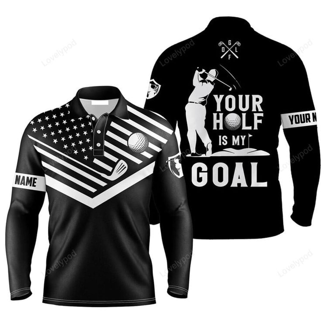 FUNSTUFFPRINT Custom Golf Long Sleeve Men Polo Shirt Custom Name White American Flag Your Hole Is My Goal Men Golf Polo Shirt For Men