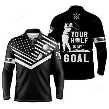 FUNSTUFFPRINT Custom Golf Long Sleeve Men Polo Shirt Custom Name White American Flag Your Hole Is My Goal Men Golf Polo Shirt For Men