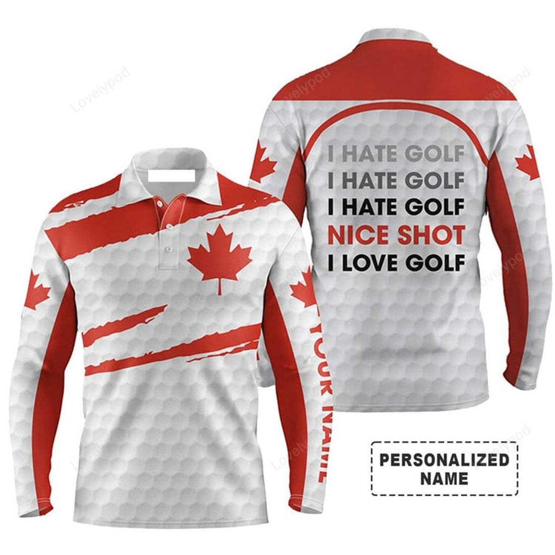 FUNSTUFFPRINT Custom Golf Long Sleeve Men Polo Shirt Canada Flag Pattern Custom Name Apparel I Hate Golf Nice Shot I Love Golf Men Golf Polo Shirt