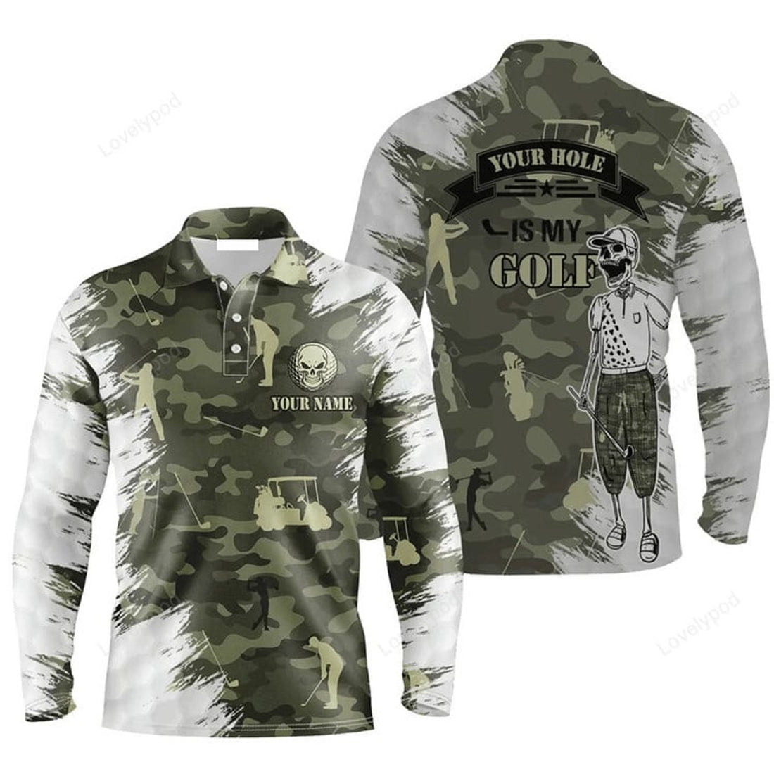 FUNSTUFFPRINT Custom Golf Long Sleeve Men Polo Shirt Your Hole Is My Goal Skull Camo Pattern Custom Name Men Polo Shirt For Golf Lover
