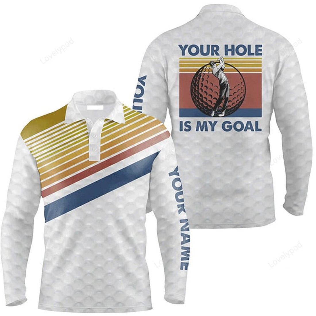 FUNSTUFFPRINT Custom Golf Long Sleeve Men Polo Shirt Your Hole Is My Goal Retro Striped Personalized Polo Shirt