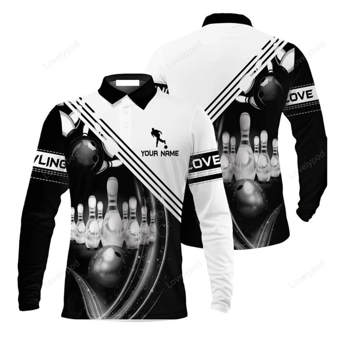 FUNSTUFFPRINT Bowling Custom Mens Long Sleeve Polo Shirt Custom Name Black And White Bowling Ball In Motion And The Pins