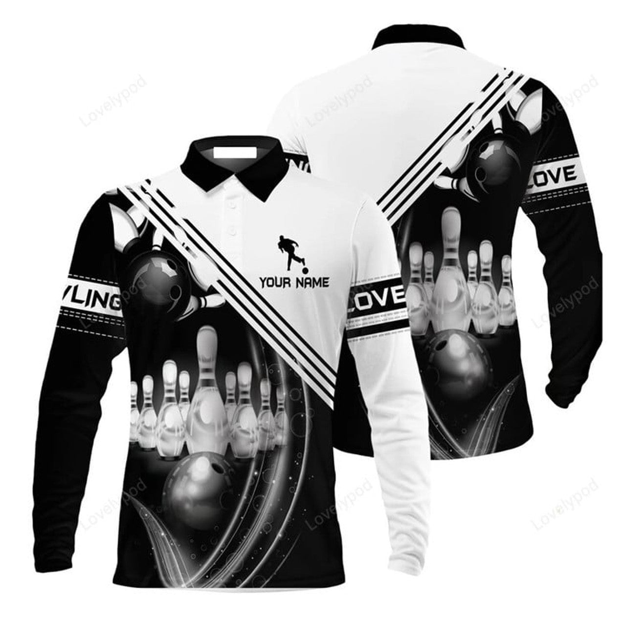 FUNSTUFFPRINT Bowling Custom Mens Long Sleeve Polo Shirt Custom Name Black And White Bowling Ball In Motion And The Pins